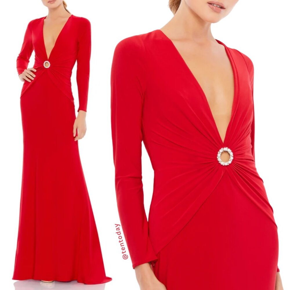 $398 Mac Duggal 26514 Size 14 Red Jersey Knit Plunge V-Neck Long Maxi Gown Dress